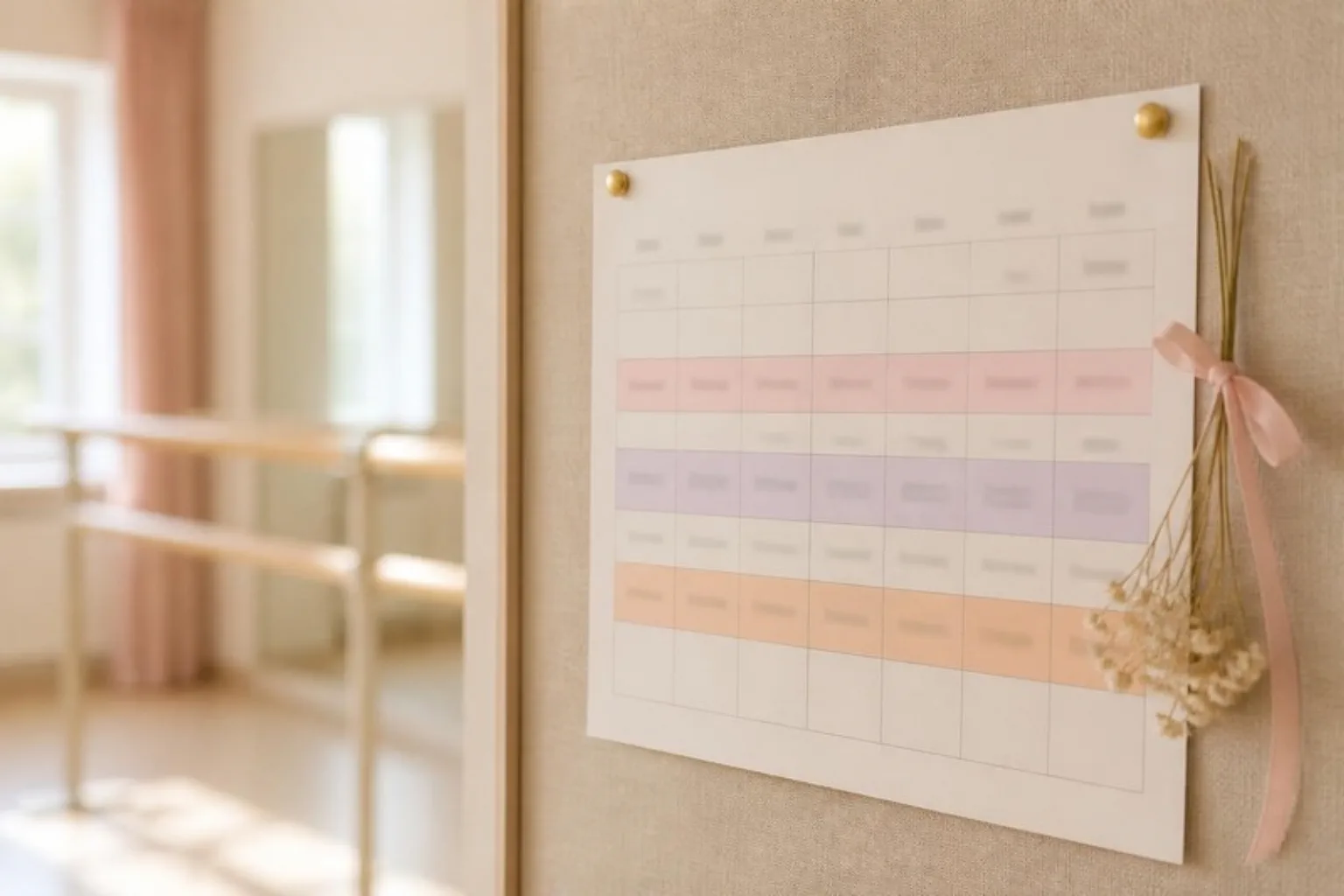 Lesrooster op een prikbord in de dansstudio, met de balletbarre op de achtergrond